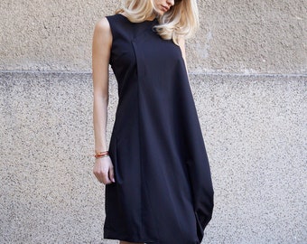 Black Asymmetrical Dress/Day Wear Dress/Oversized Dress/Extravagant Dress/Draped Dress/Midi Length Dress/Loose Dress/Summer Tunic/F1674