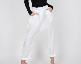 Loose Linen Pants/Casual White Drop Crotch Harem Pants/White Linen Pants/Handmade Linen Pants/White Maxi Pants/White Harem Pants/F2339