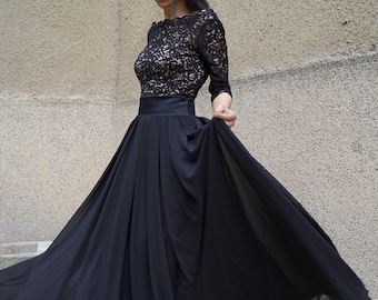 Handmade Black Chiffon Maxi Skirt, Elegant Full Length/F1579