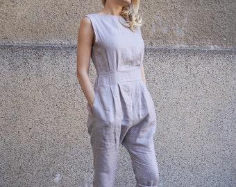 Linen Women Jumpsuit/Bodysuit/Romper/Overall/Fashionable Women Jumpsuit/Beige Drop Crotch Pants/Casual Jumpsuit/Open Back/Loose Bottom/F1676