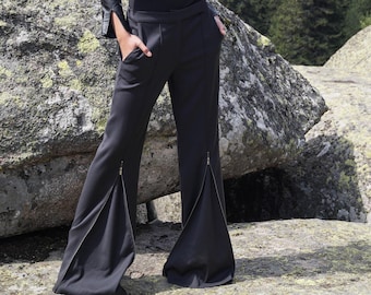 Black Wide Leg Pants/Zipper pants/Flared Pants/Elegant Pants/Palazzo Pants/Loose Pants/Mid Rise Pants/Black Pants/Fashion Pants/F1710