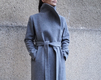 Grey Lined Coat/Cashmere Wool Coat/Winter Coat/Belted Coat/XXL Coat/Masculine Coat/Symmetrical Coat/Autumn Winter Coat/Warm Coat/F1661