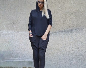 Black Casual Set/Loose Asymmetrical Pants/Black Crotch Sweatshirt with Hoodie and pocket/Oversized Set/Handmade Set/Handmade Suit/F1063