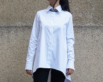 Oversized White Shirt/Casual White Top/Long Sleeved Cotton Shirt/Asymmetrical Shirt/Hidden Button Shirt/Personalised with Embroidery/F1496