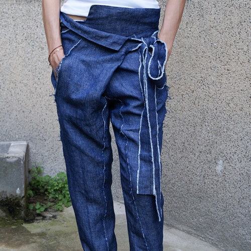 Loose Denim Optic Linen Pants/casual Drop Crotch Harem - Etsy