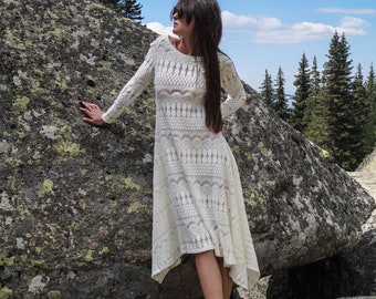 White Knit Dress/Cosy Dress/Sweater Dress/Knit Lace Dress/Knit Dress/Tank Dress/Casual Dress/Handmade Dress/Midi Dress/White Dress/F1712