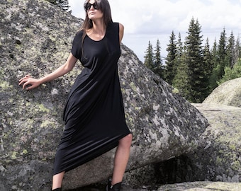 Black Draped Asymmetrical Dress/Casual Dress/Maxi Dress/Cotton Dress/Jersey Dress/Midi Length Dress/Asymmetrical Dress/Loose Tunic/F1707