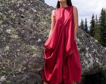 Draped Red Kaftan/Loose Dress/Asymmetrical Tunic/Maxi Dress/Dark Red Cotton Dress/Casual Kaftan/Dress with Pockets/Maxi Dress/ F1718
