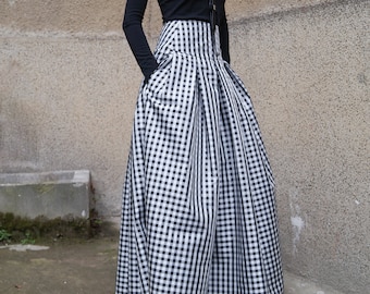 Gingham Lovely Black and White Long Maxi Skirt/High or Low Waist Skirt/Long Waistband Skirt/Fashion Skirt/Pleated Skirt/Maxi Skirt/F1578