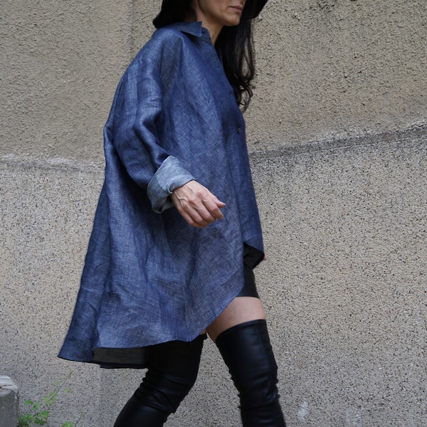 Denim Shirt/Denim Blouse/Asymmetrical top/Over Sized Top/Jeans Blouse/Loose shirt/Denim tunic/V neck shirt/Denim dress/Dress/Top/F1631