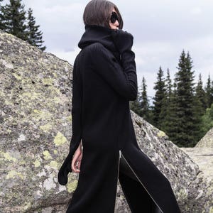 Black Sweater/Cozy Pullover/Sweater Dress/Zipper Dress/Knit Dress/Ribbed Sweater/Maxi Blouse/Over Sized Knit Top/Winter Dress/Slits/F1716
