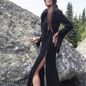 Black Sweater dress/Side slit dress/Black Cowl neck dress/Knit Dress/Ribbed Sweater/Maxi Blouse/Over Sized Knit Top/Winter Dress/Slits/F1699