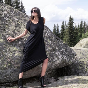 Black Draped Asymmetrical Dress/Casual Dress/Maxi Dress/Cotton Dress/Jersey Dress/Midi Length Dress/Asymmetrical Dress/Loose Tunic/F1707