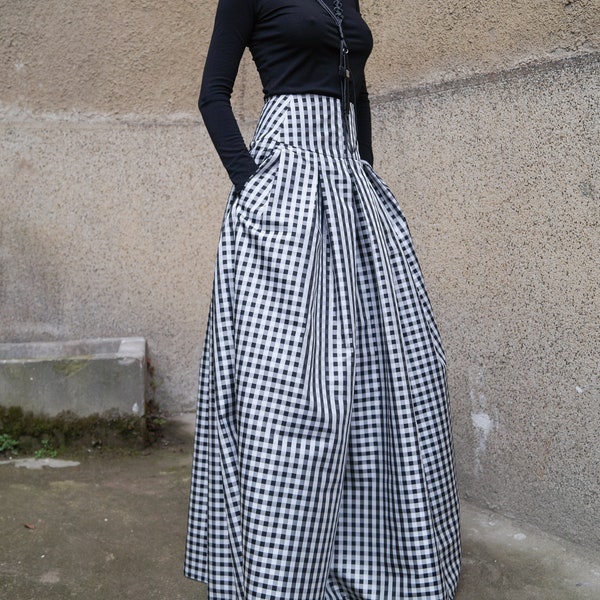 Gingham Lovely Black and White Long Maxi Skirt/High or Low Waist Skirt/Long Waistband Skirt/Fashion Skirt/Pleated Skirt/Maxi Skirt/F1578