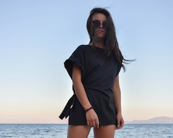 Asymmetrical Tunic Top/Oversized Black Linen Top/Casual Loose Tunic/Extravagant Top/Handmade Black Top/Handmade Linen Black Tunic/Top/F1877