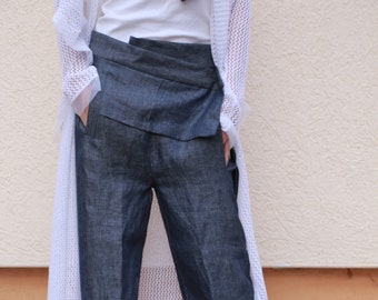 Loose Denim Optic Linen Pants/Casual Drop Crotch Harem Pants/Handmade Unisex Pants/Wide Leg Pants/Straight Pants/Denim Linen Pants/F1560