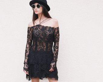 Off Shoulders Lace Dress/Little Black Dress/Fancy Mini Dress/Lace Tunic/Summer Dress/Open Neck Dress/Black Lace/ Loose Dress/F1570