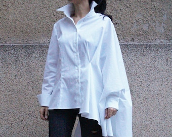 Asymmetrical Oversized Shirt/Casual White Top/Long Sleeved Cotton Shirt/Loose Shirt/One Shoulder Shirt/Extravagant Shirt/Cape Blouse/F1682