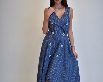 Double Row Fastening Blue-White Kaftan/Asymmetrical Tunic/Maxi Dress/Polka-Dot Casual Kaftan/Sleeveless Blue Dress/Handmade Top/F1901