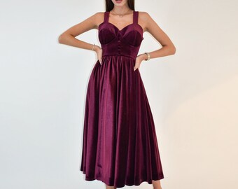Burgundy Velvet Bustier Dress/Tea Length Fitted Dress/Naked Shoulder Evening Dress/Burgundy Cocktail Dress/Burgundy Prom Dress/F1889