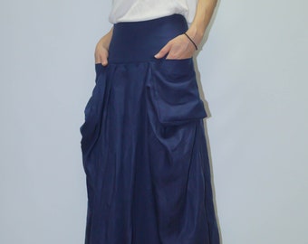 Handgemachte Blauer Leinen Maxi Maxi Rock, Lässiger Rock mit Taschen