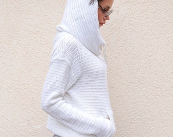 Handmade White Asymmetrical Sweater/Knitwear Dress/Long Pullover/Loose Plus Size Sweater/Hooded Sweater/Casual Handmade Knit Blouse/F1555