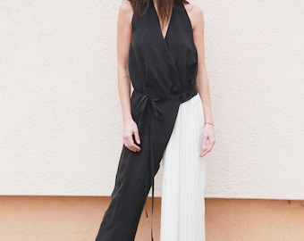 Black and White Women's Jumpsuit/Open Back Jumpsuit/Asymmetrical/Wrap Jumpsuit/Black Casual Jumpsuit/Black Overall/Open Back Overall/F1559