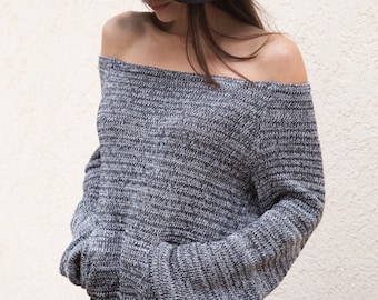 Handmade Grаy Melange Asymmetrical Sweater/Knitwear Dress/Long Pullover/Loose Plus Size Sweater/ Off Shoulder Sweater/Knit Blouse/Top/F1553