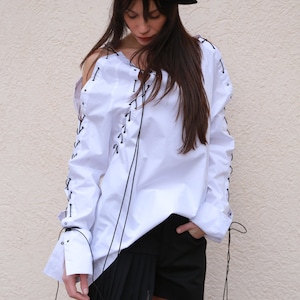 Oversized White Shirt/Casual White Top/Long Sleeved Cotton Shirt/Loose White Shirt/Ties Shirt/Extravagant Shirt/Handmade White Blouse/F1551