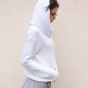 Handmade White Asymmetrical Sweater/Knitwear Dress/Long Pullover/Loose Plus Size Sweater/Hooded Sweater/Casual Handmade Knit Blouse/F1555