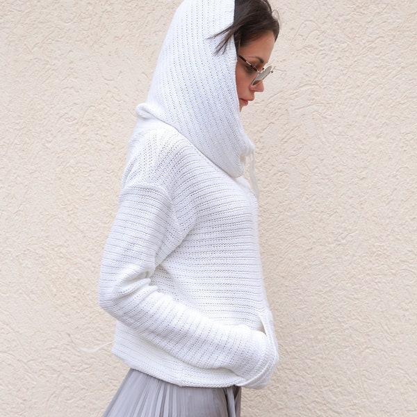 Handmade White Asymmetrical Sweater/Knitwear Dress/Long Pullover/Loose Plus Size Sweater/Hooded Sweater/Casual Handmade Knit Blouse/F1555