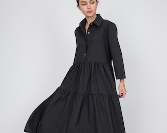 Women's Wool Dress/Winter Cozy Dress/Black Wool Dress/Wool Casual Dress/Tapered Dress/Black Elegant Dress/Black Maxi Dress/Shirt Dress/F2350