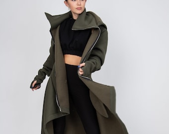 Cowl Neck Sweatshirt/Asymmetrical Hem Top/Oversized Loose Loungewear/Hoodie Top/Cozy Coat/Green Coat/Green Oversized Sweatshirt/F2340