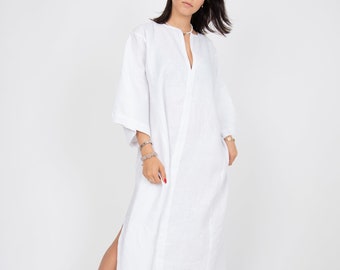 White Linen Dress/Linen Shirt Dress/Oversized Shirt Dress/Linen Dress/Loose Dress/Kaftan Maxi Dress/Beach Dress/Linen Summer Dress/F2355