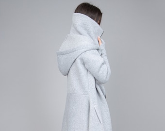 Felpa con collo ad anello/Top con orlo asimmetrico/Abbigliamento da casa ampio oversize/Top con cappuccio/Cappotto accogliente/Cappotto grigio/Felpa oversize grigia/F2286