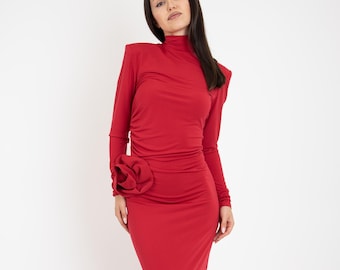 Customizable Red Jersey Dress: Handmade Formal Gown with Rose/F2520