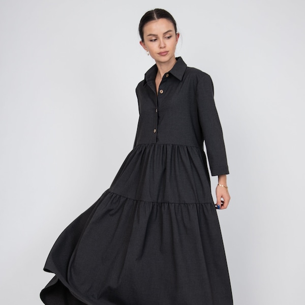 Women's Wool Dress/Winter Cozy Dress/Black Wool Dress/Wool Casual Dress/Tapered Dress/Black Elegant Dress/Black Maxi Dress/Shirt Dress/F2350