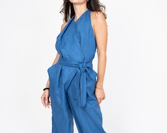 Linen Wrap Jumpsuit: Sleeveless Boho Romper with Open Back/F5073
