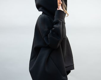 Oversized zwarte hoodie met hoge kraag/unisex minimalistische hoodie/handgemaakte streetwear/aangepast formaat gezellige trui/F2225