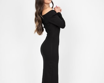 Pencil Midi Dress with Long Sleeves/Evening Elegant Dress/Open Shoulder Dress/Black Midi Dress/Classy Midi Black Dress/Formal Dress/F5082
