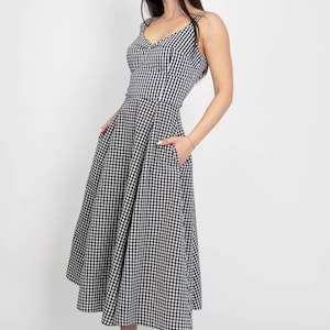 Gingham Lovely Black and White Midi Dress/Handmade Dress/Elegant Maxi Dress/Vintage Style Gingham Dress/Midi Summer Dress with Pockets/F2533