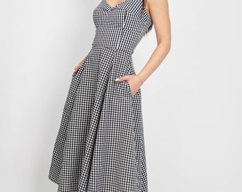 Gingham Lovely Black and White Midi Dress/Handmade Dress/Elegant Maxi Dress/Vintage Style Gingham Dress/Midi Summer Dress with Pockets/F2533