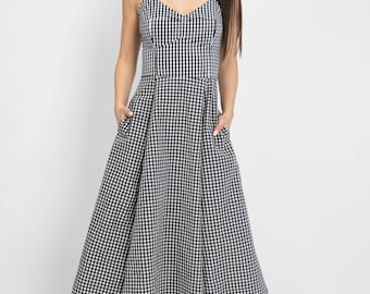 Handmade Dress/Elegant Maxi Dress/Gingham Lovely Black and White Midi Dress/Vintage Style Gingham Dress/Midi Summer Dress with Pockets/F5077