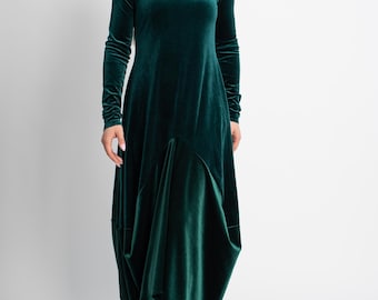 Emerald Green Velvet Maxi Dress: Handmade Asymmetrical Gown/F5084