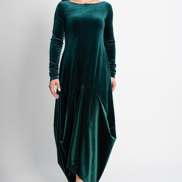Vestido largo de terciopelo verde esmeralda: Vestido asimétrico hecho a mano/F5084