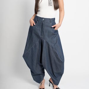 Custom Denim Harem Pants-Skirt/Drop Crotch Jeans with Pockets/High or Low Waist Pants/Handmade Cotton Denim Pants/Urban Boho Trousers/F5061