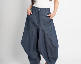 Custom Denim Harem Pants-Skirt/Drop Crotch Jeans with Pockets/High or Low Waist Pants/Handmade Cotton Denim Pants/Urban Boho Trousers/F5061