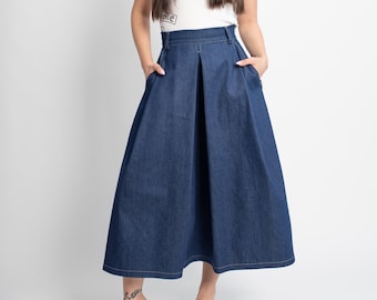 Falda vaquera midi clásica 100 % algodón con bolsillos, hecha a mano, de largo personalizado, minimalista, corte A, F5062