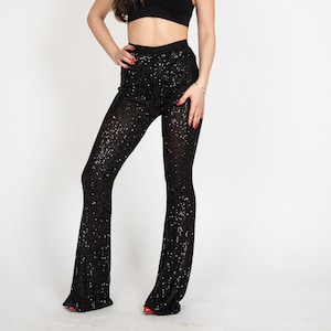 Sequins Disco Pants/Bootcut Pants/Elegant Trousers/Black Sequins Pants/Bell Bottoms/Black Party Pants/Sequins Pants/Bootcut Leggings/F2394