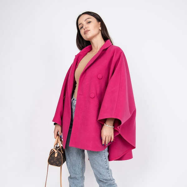 Manteau de cape d’hiver/gilet en laine rose/Cape de laine/Veste de cape/Manteau de cape de mode/Veste de laine d’hiver/Manteau de manteau/Manteau Fuchsia fait main/F2351